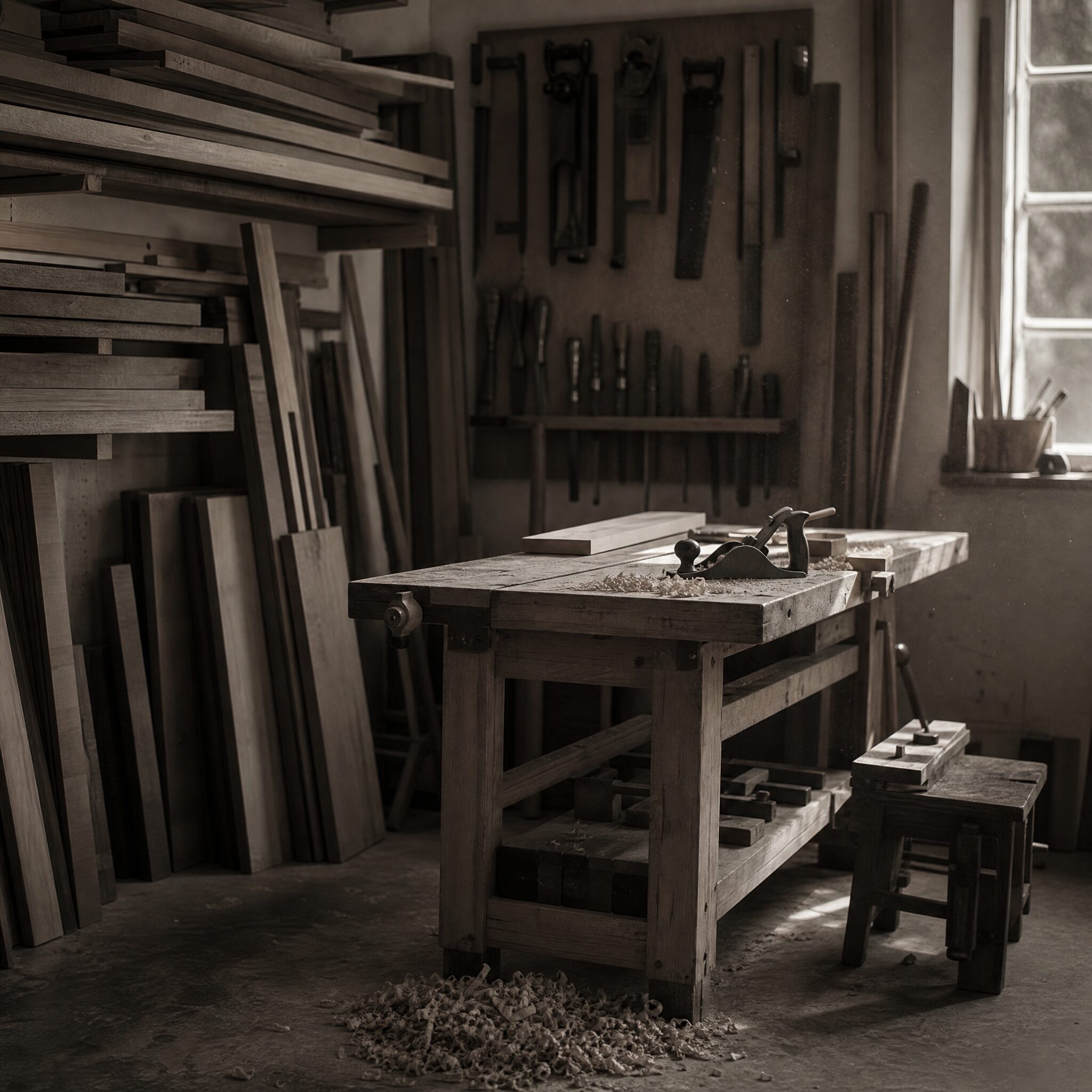 Interior of the joinery workshop, timber stock and tools