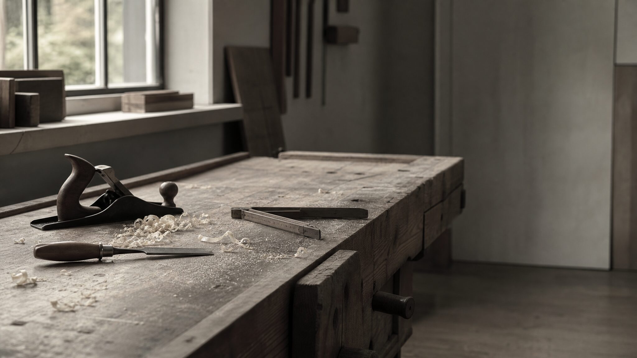 Workshop bench with a hand plane, chisel and folding rule, wood shavings, natural window light