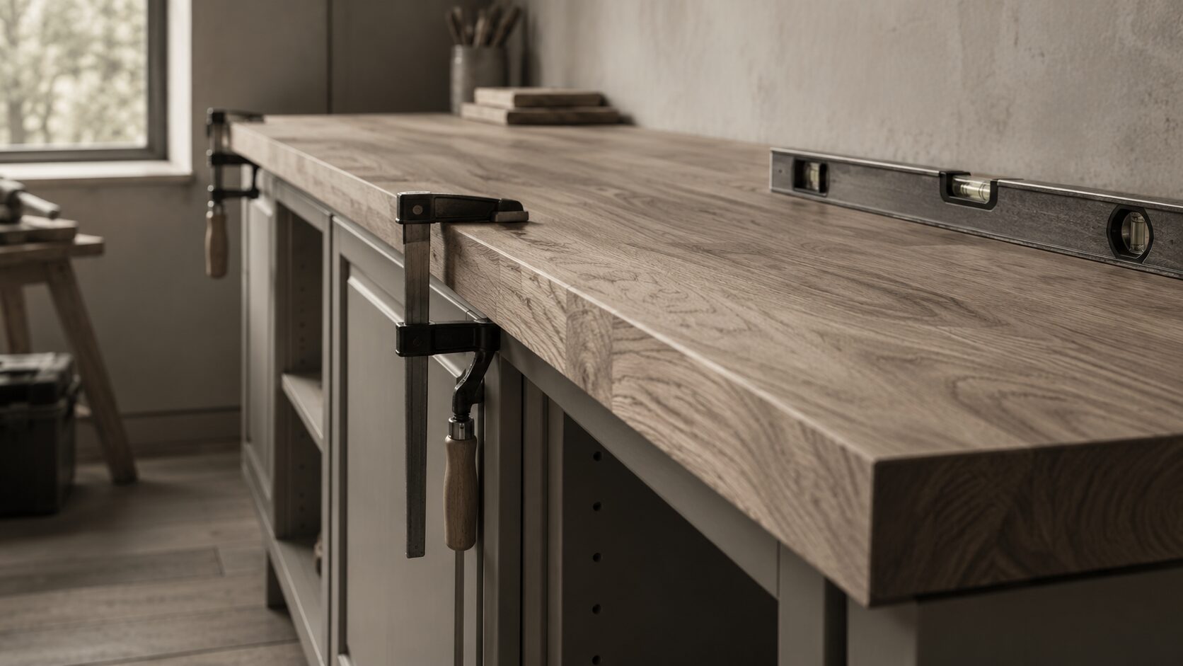 Kitchen worktop being fitted against cabinetry