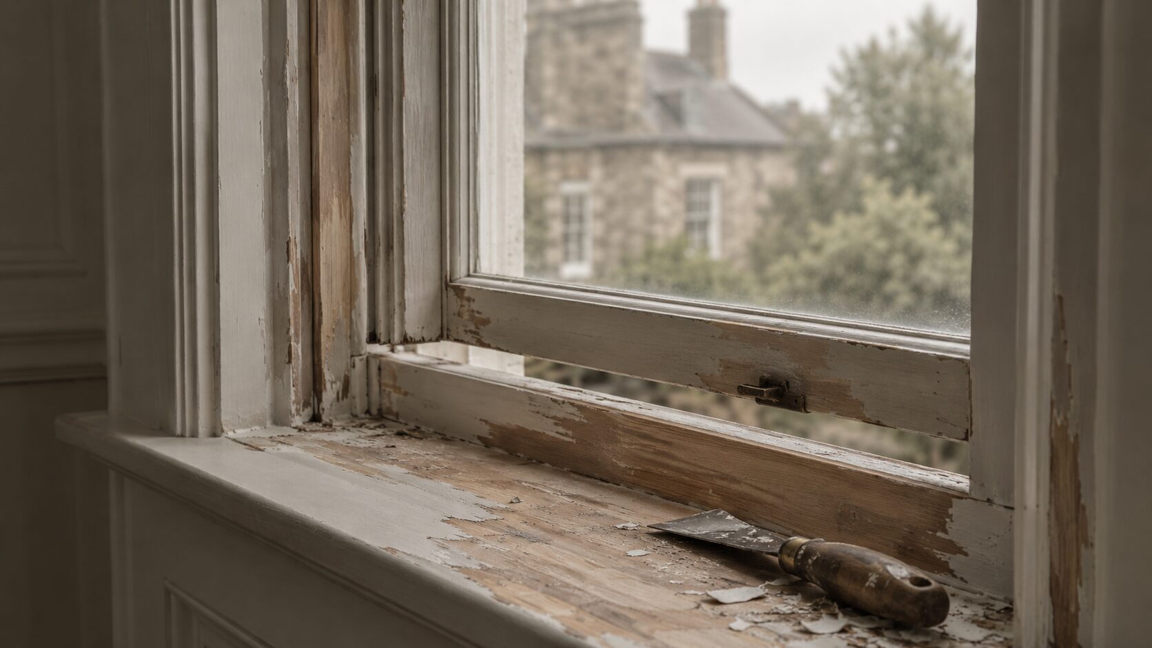 Sash window mid-restoration in a period property