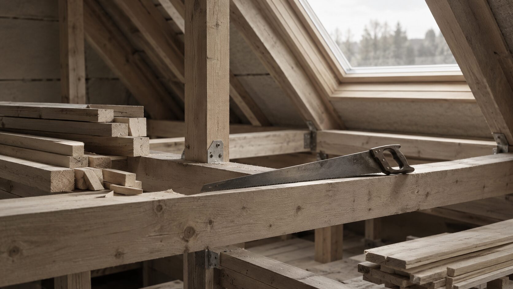 Structural timberwork in an unfinished loft