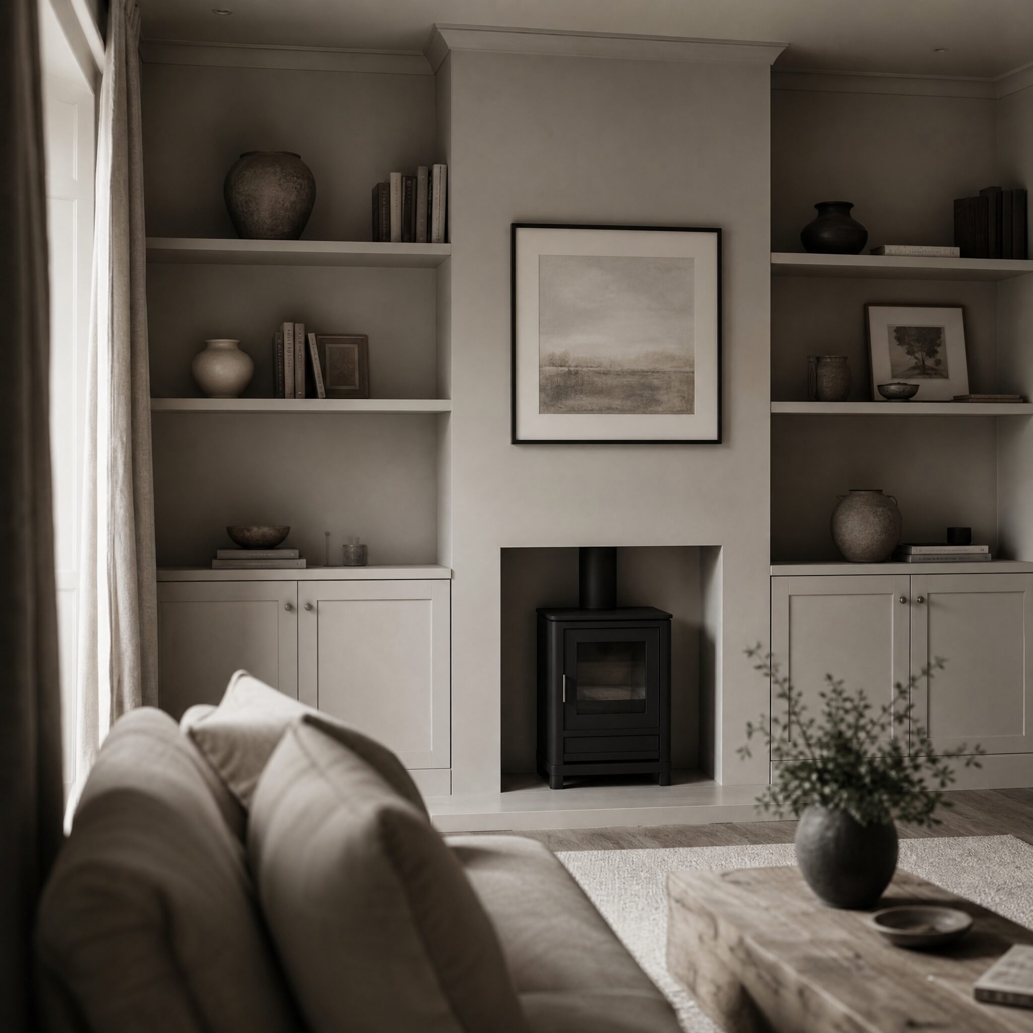 Finished living room alcove with fitted cabinetry