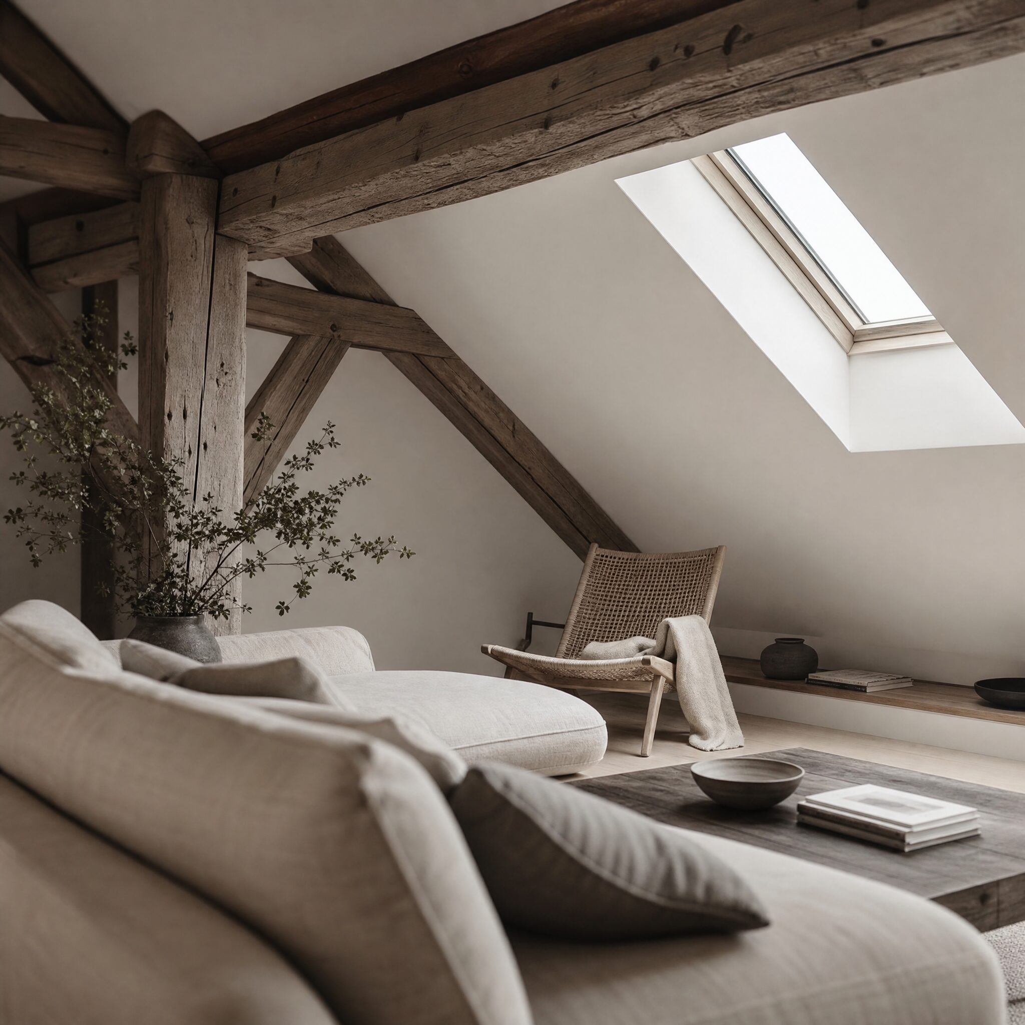Finished loft conversion with exposed structural timber